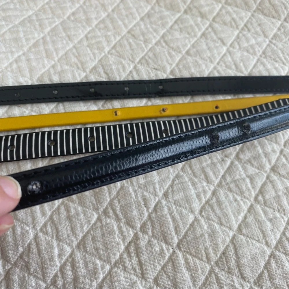 Bundle of 4 Classic Skinny Belts black, striped, yellow silver-tone buckle 30”